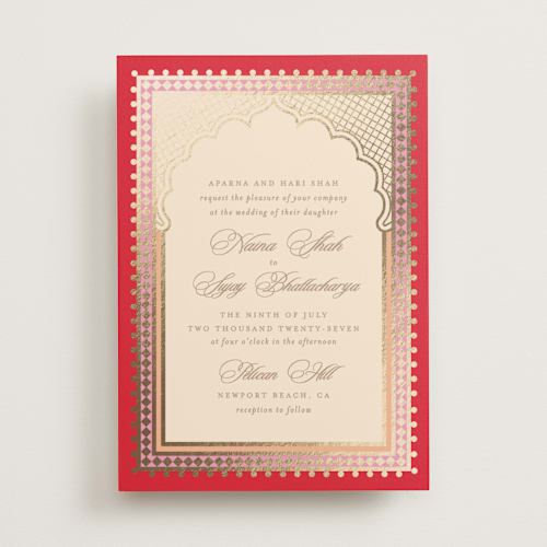 This is a sindoor foil stamped wedding invitations with foil pressed by Creo Study called mandapam printing on signature in standard