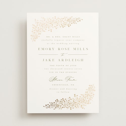 This is a leaf foil stamped wedding invitations with foil pressed by Kristie Kern called villa printing on signature in standard