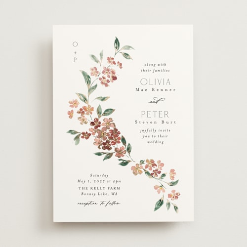 This is a dusty rose foil stamped wedding invitations with foil pressed by Itsy Belle Studio called sweeping vine printing on signature in standard