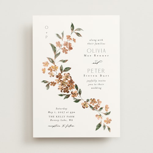 This is a terracotta foil stamped wedding invitations with foil pressed by Itsy Belle Studio called sweeping vine printing on signature in standard