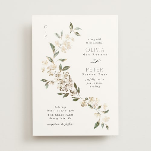 This is a porcelain foil stamped wedding invitations with foil pressed by Itsy Belle Studio called sweeping vine printing on signature in standard