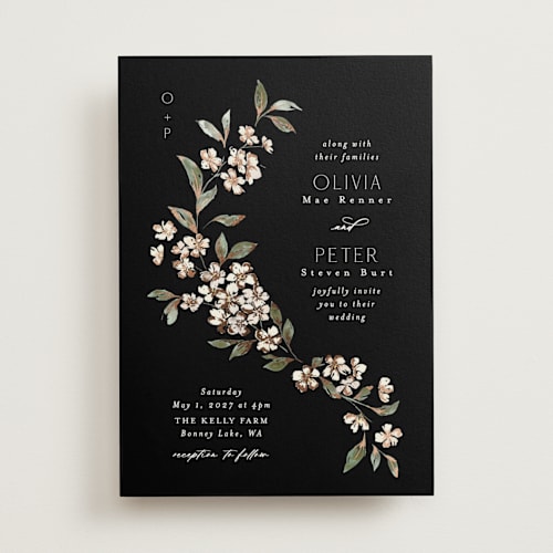 This is a charcoal foil stamped wedding invitations with foil pressed by Itsy Belle Studio called sweeping vine printing on signature in standard