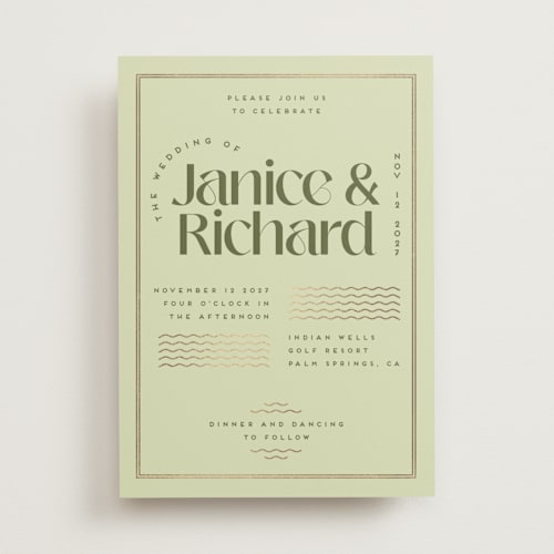 This is a kiwi foil stamped wedding invitations with foil pressed by Claudia Orengo called news! printing on signature in standard