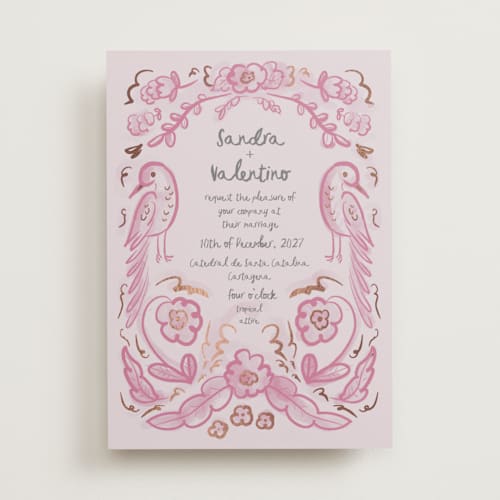 This is a berry pink foil stamped wedding invitations with foil pressed by Ani Somi called santa catalina printing on signature in standard