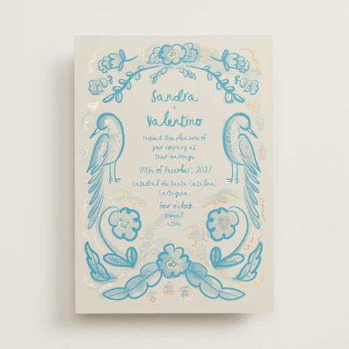 This is a cream blue foil stamped wedding invitations with foil pressed by Ani Somi called santa catalina printing on signature in standard