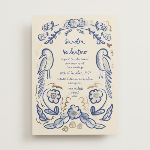 This is a marseille bleu foil stamped wedding invitations with foil pressed by Ani Somi called santa catalina printing on signature in standard