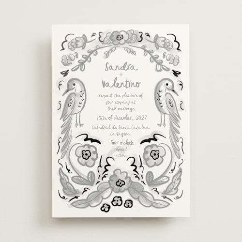 This is a graphite foil stamped wedding invitations with foil pressed by Ani Somi called santa catalina printing on signature in standard