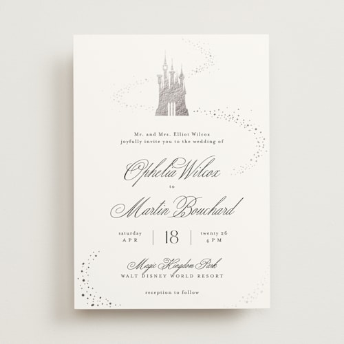 This is a magic foil stamped wedding invitations with foil pressed by Kelly Schmidt called disney's cinderella castle printing on signature in standard