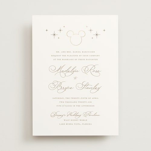 This is a celebration foil stamped wedding invitations with foil pressed by Jennifer Postorino called disney's minimal mickey mouse printing on signature in standard