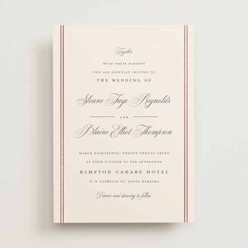 This is a champagne foil stamped wedding invitations with foil pressed by Carolyn MacLaren called scripted striped printing on signature in standard