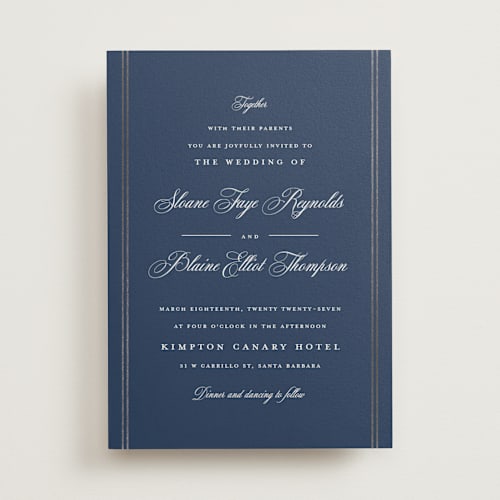 This is a navy foil stamped wedding invitations with foil pressed by Carolyn MacLaren called scripted striped printing on signature in standard