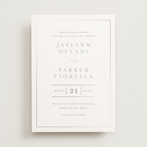 This is a dusty blue foil stamped wedding invitations with foil pressed by Stacey Meacham called warm affection printing on signature in standard