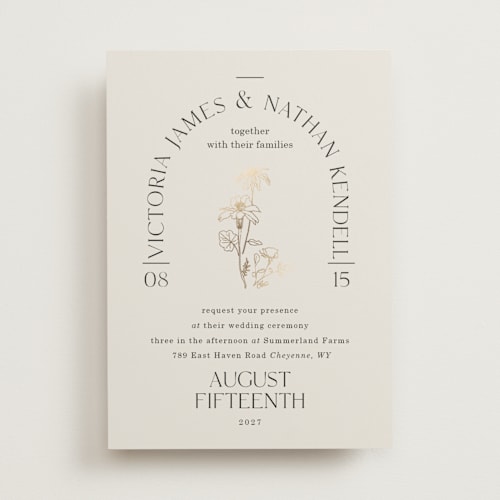 This is a linen foil stamped wedding invitations with foil pressed by Baumbirdy called floral type arch printing on signature in standard