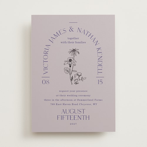 This is a wisteria foil stamped wedding invitations with foil pressed by Baumbirdy called floral type arch printing on signature in standard