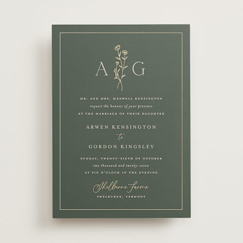 This is a juniper foil stamped wedding invitations with foil pressed by chocomocacino called kouignette printing on signature in standard