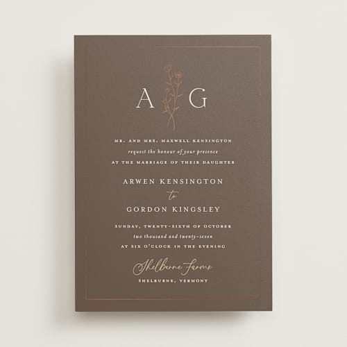 This is a pecan foil stamped wedding invitations with foil pressed by chocomocacino called kouignette printing on signature in standard
