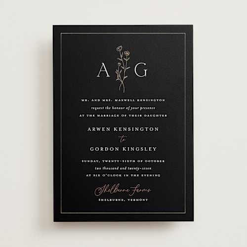 This is a black dahlia foil stamped wedding invitations with foil pressed by chocomocacino called kouignette printing on signature in standard