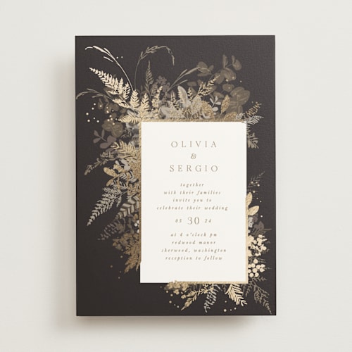 This is a mahogany foil stamped wedding invitations with foil pressed by Leah Bisch called garden printing on signature in standard