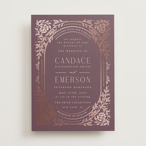 This is a vineyard foil stamped wedding invitations with foil pressed by Ana de Sousa called gilded nouveau frame printing on signature in standard