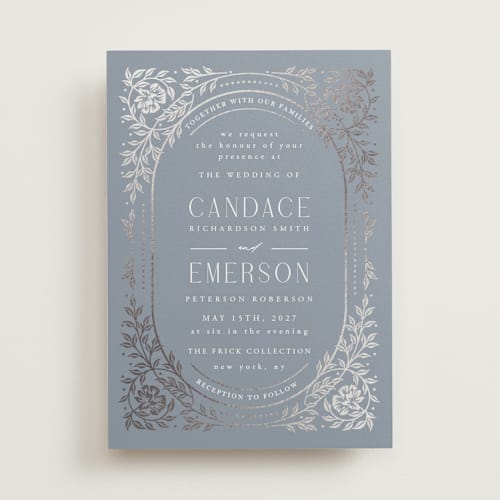 This is a lagoon foil stamped wedding invitations with foil pressed by Ana de Sousa called gilded nouveau frame printing on signature in standard