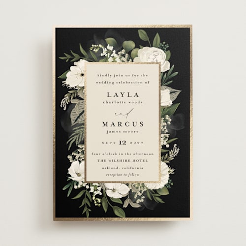 This is a tuxedo foil stamped wedding invitations with foil pressed by Susan Moyal called classic love printing on signature in standard