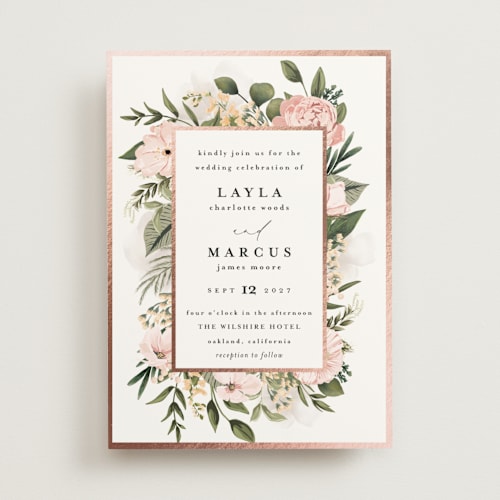 This is a blush foil stamped wedding invitations with foil pressed by Susan Moyal called classic love printing on signature in standard