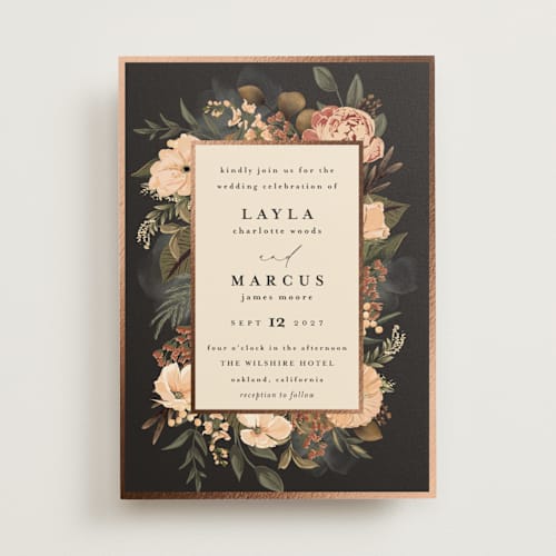 This is a burnt sienna foil stamped wedding invitations with foil pressed by Susan Moyal called classic love printing on signature in standard