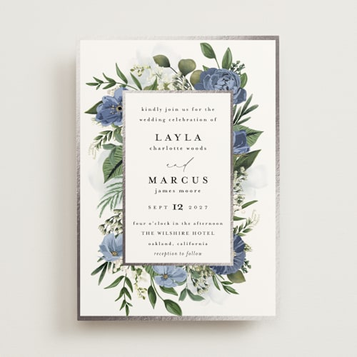 This is a sky foil stamped wedding invitations with foil pressed by Susan Moyal called classic love printing on signature in standard