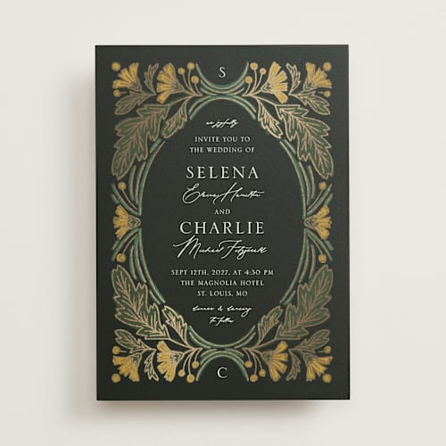 This is a buttercup foil stamped wedding invitations with foil pressed by Jen Owens called embellished printing on signature in standard