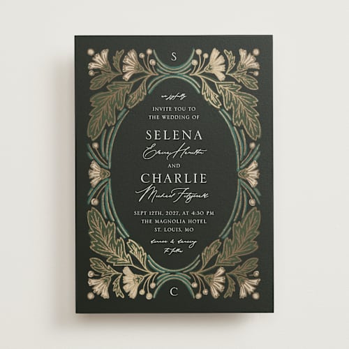 This is a lily foil stamped wedding invitations with foil pressed by Jen Owens called embellished printing on signature in standard