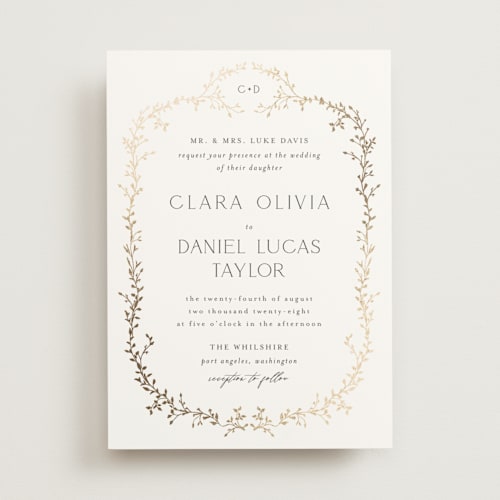 This is a alabaster foil stamped wedding invitations with foil pressed by Susan Moyal called delicate vine printing on signature in standard