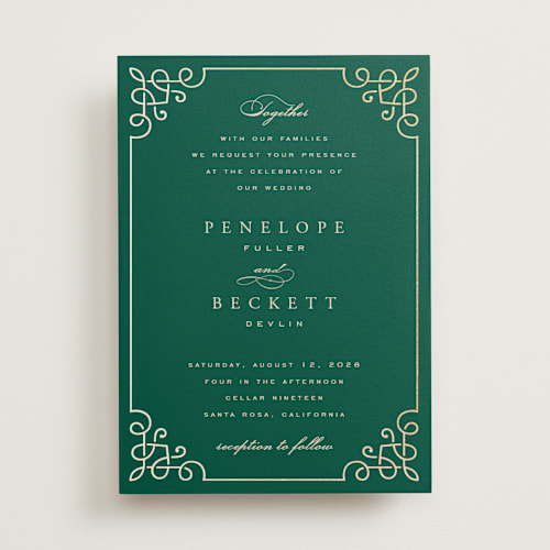 This is a emerald foil stamped wedding invitations with foil pressed by Janean Hinger called intertwined printing on signature in standard