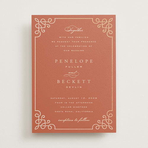 This is a sunset foil stamped wedding invitations with foil pressed by Janean Hinger called intertwined printing on signature in standard