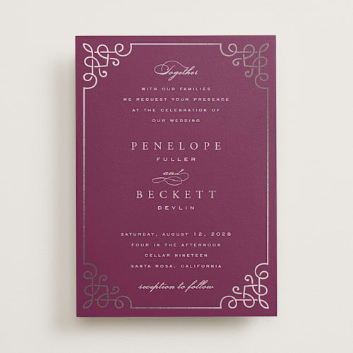 This is a mulberry foil stamped wedding invitations with foil pressed by Janean Hinger called intertwined printing on signature in standard