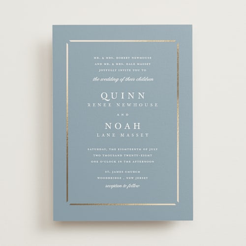 This is a dusty blue foil stamped wedding invitations with foil pressed by Stacey Meacham called elegant bevel printing on signature in standard