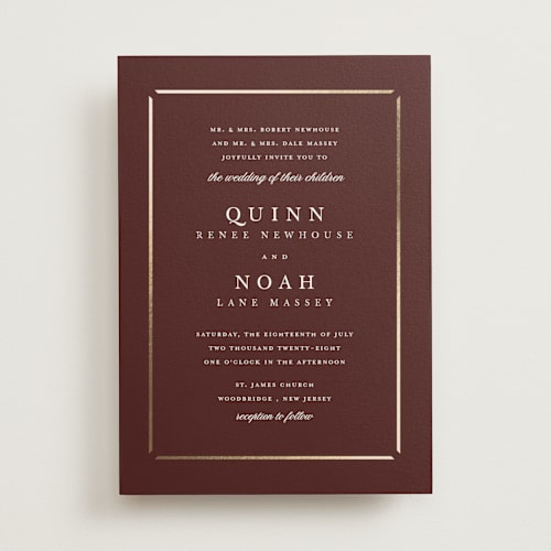 This is a wine foil stamped wedding invitations with foil pressed by Stacey Meacham called elegant bevel printing on signature in standard