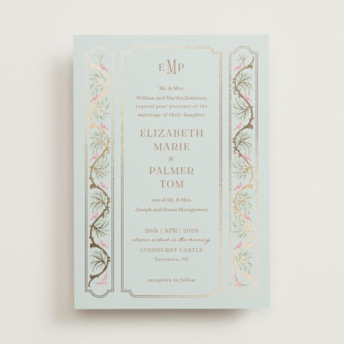This is a hummingbird foil stamped wedding invitations with foil pressed by Claudia Orengo called castle printing on signature in standard