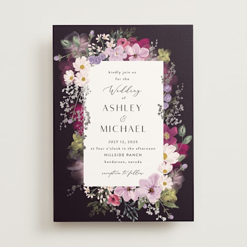 This is a lavender foil stamped wedding invitations with foil pressed by Susan Moyal called layered florals printing on signature in standard