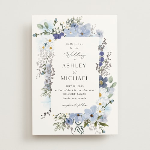 This is a serenity foil stamped wedding invitations with foil pressed by Susan Moyal called layered florals printing on signature in standard