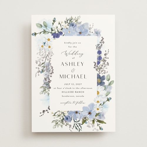 This is a serenity foil stamped wedding invitations with foil pressed by Susan Moyal called layered florals printing on signature in standard