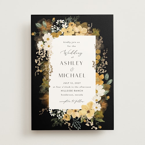 This is a sunshine foil stamped wedding invitations with foil pressed by Susan Moyal called layered florals printing on signature in standard