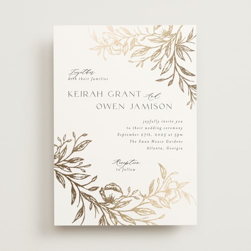 This is a pearl foil stamped wedding invitations with foil pressed by Melanie Kosuge called keirah printing on signature in standard
