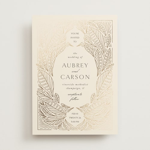 This is a cream foil stamped wedding invitations with foil pressed by Jen Owens called royalty printing on signature in standard