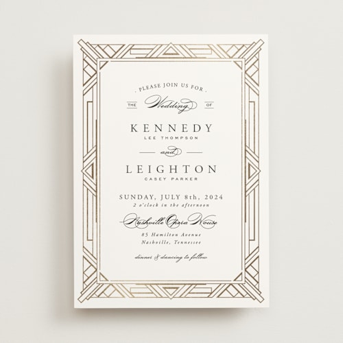 This is a stone foil stamped wedding invitations with foil pressed by Hooray Creative called opulent border printing on signature in standard
