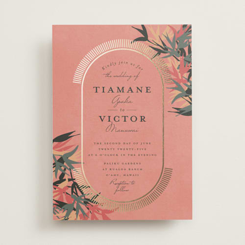 This is a coral foil stamped wedding invitations with foil pressed by Julie Hebert called birds of paradise printing on signature in standard