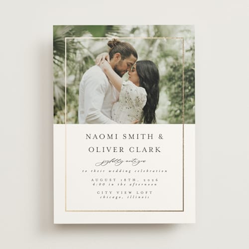 This is a pearl foil stamped wedding invitations with foil pressed by Nicole Walsh called gilded frame printing on signature in standard