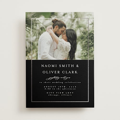 This is a midnight foil stamped wedding invitations with foil pressed by Nicole Walsh called gilded frame printing on signature in standard
