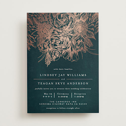 This is a emerald foil stamped wedding invitations with foil pressed by Phrosné Barwood called sketched bouquet printing on signature in standard