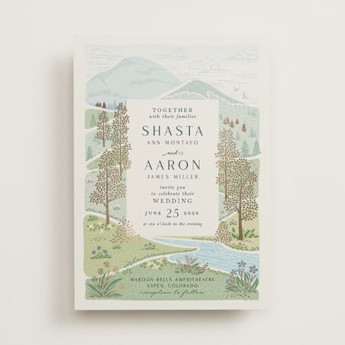 This is a evergreen foil stamped wedding invitations with foil pressed by Paper Sun Studio called mountaintop printing on signature in standard
