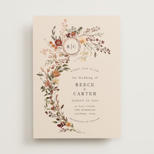 This is a harvest foil stamped wedding invitations with foil pressed by Susan Moyal called monogrammed floral printing on signature in standard